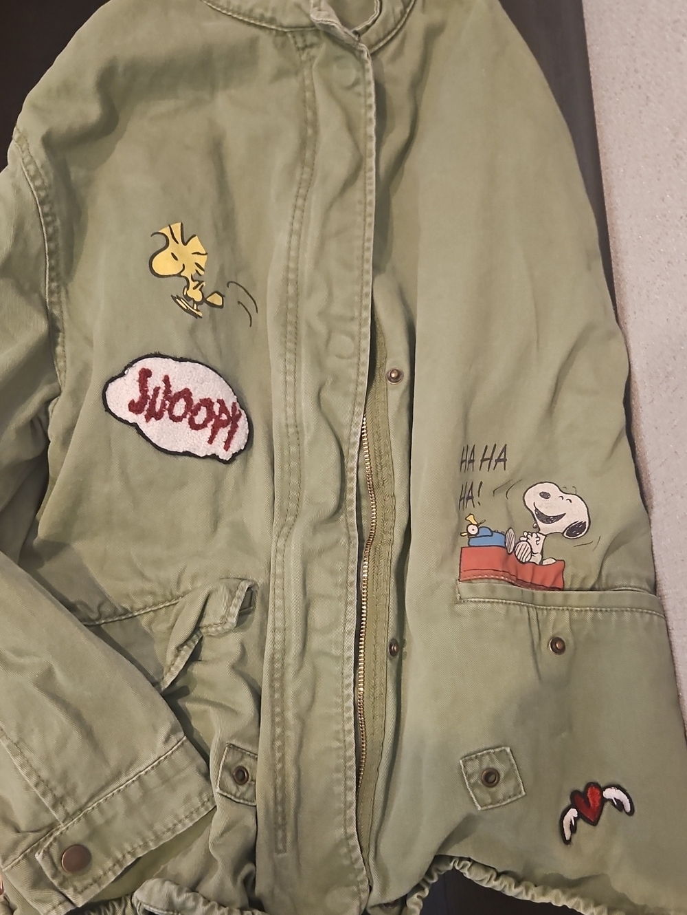 Zara Olive Green Kids Jean-Style Jacket with Snoopy & Woodstock Patches
